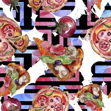 Fast food itallian pizza lezzetli yemek. Suluboya arka plan illüstrasyon seti. Kesintisiz arka plan deseni.