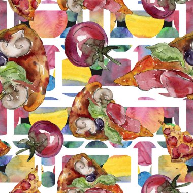 Fast food itallian pizza lezzetli yemek. Suluboya arka plan illüstrasyon seti. Kesintisiz arka plan deseni.