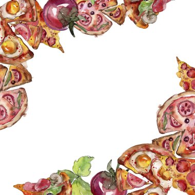 Fast food itallian pizza lezzetli yemek. Suluboya arka plan illüstrasyon seti. Çerçeve kenarlık süs karesi.