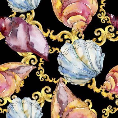 Yaz plaj deniz kabuğu tropikal sualtı elemanları. Suluboya arka plan illüstrasyon seti. Suluboya çizim moda aquarelle izole. Kusursuz arka plan deseni. Kumaş duvar kağıdı baskı doku.
