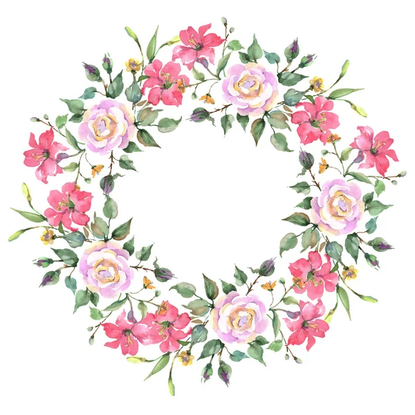 ピンクのバラの花束花植物の花 野生の春の葉の野生の花が孤立しました 水彩背景イラストセット 水彩画ファッションアクアレル フレームボーダーオーナメント正方形 — ストック写真