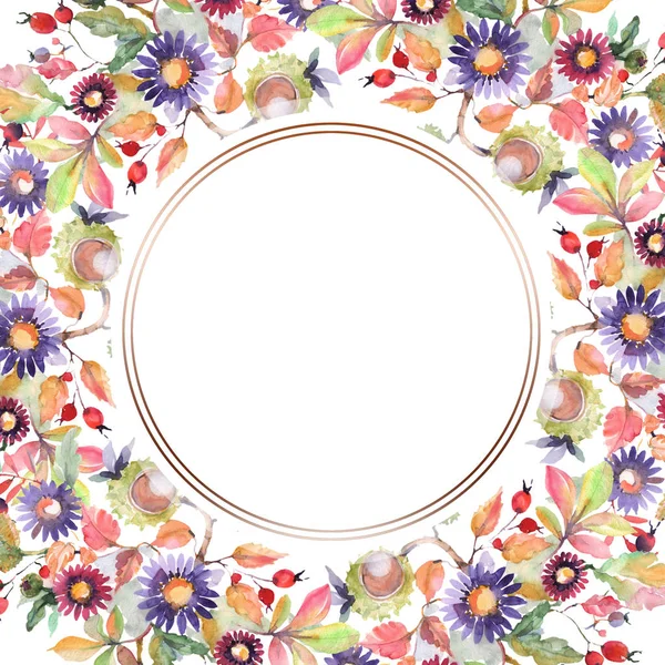 Aster e fiori di campo mazzo fiori botanici. Acquerello sfondo illustrazione set. Quadrato ornamento bordo cornice . — Foto Stock