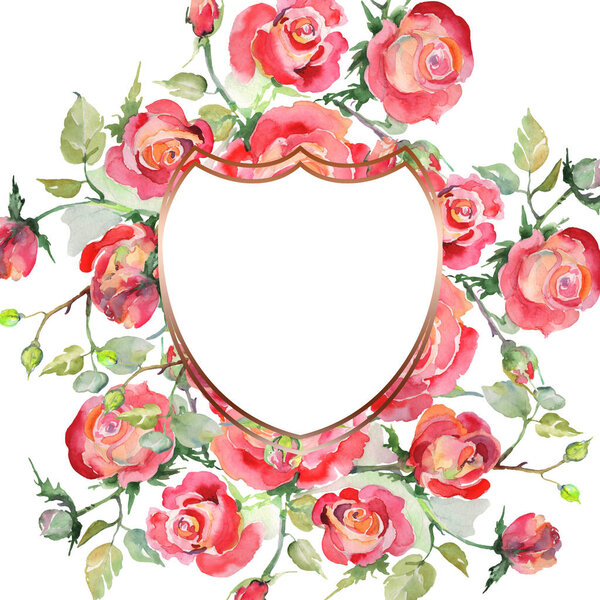 Red rose bouquet floral botanical flowers. Watercolor background illustration set. Frame border ornament square.