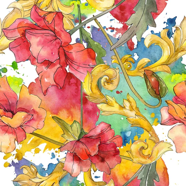红色罂粟花植物花。水彩背景插图集。无缝背景模式. — 图库照片