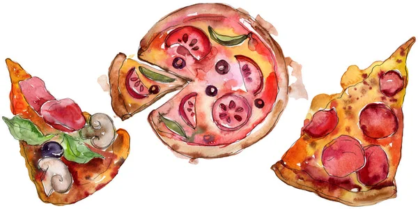 Gyorsétterem-itallian pizza ízletes ételeket. Akvarell háttér illusztráció meg. Elszigetelt gyorséttermi illusztrációs elem. — Stock Fotó