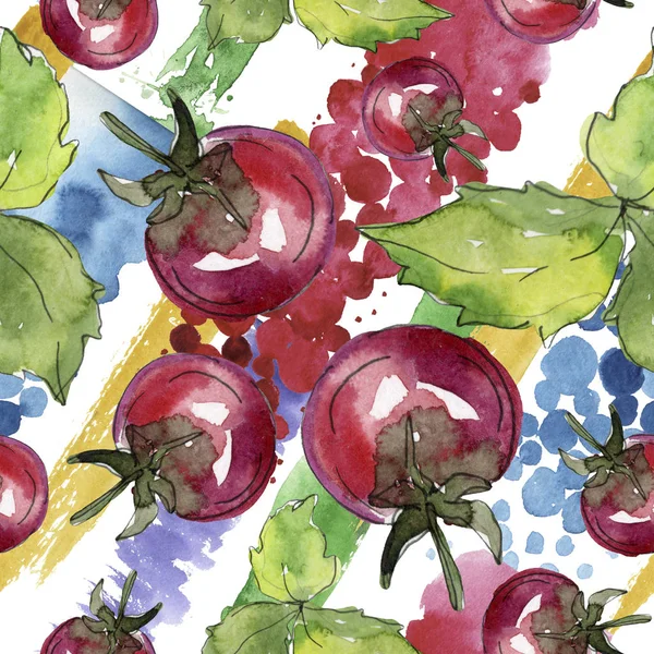 Tomatoes fresh healthy food. Watercolor background illustration set. Seamless background pattern.