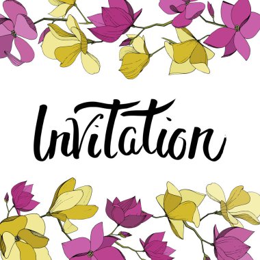 Vektör Magnolia çiçek botanik çiçekler. Mor ve sarı oyma mürekkep sanatı. Çerçeve kenarlık süs karesi.