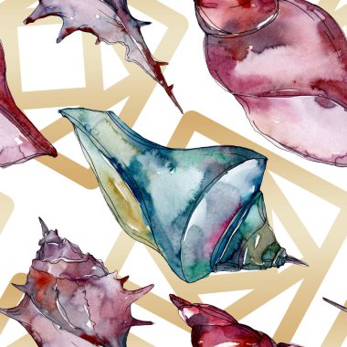 Yaz plaj deniz kabuğu tropikal sualtı elemanları. Suluboya arka plan illüstrasyon seti. Suluboya çizim moda aquarelle izole. Kusursuz arka plan deseni. Kumaş duvar kağıdı baskı doku.