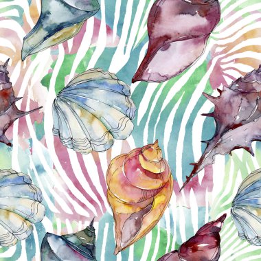 Yaz plaj deniz kabuğu tropikal sualtı elemanları. Suluboya arka plan illüstrasyon seti. Suluboya çizim moda aquarelle izole. Kusursuz arka plan deseni. Kumaş duvar kağıdı baskı doku.