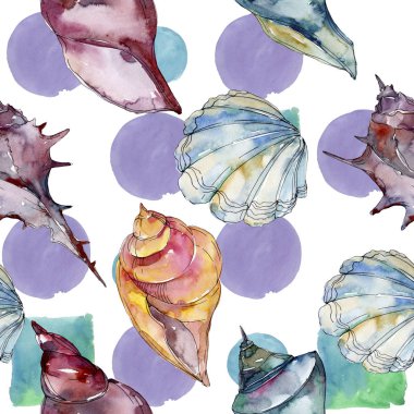Yaz plaj deniz kabuğu tropikal sualtı elemanları. Suluboya arka plan illüstrasyon seti. Suluboya çizim moda aquarelle izole. Kusursuz arka plan deseni. Kumaş duvar kağıdı baskı doku.