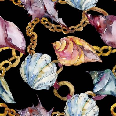 Yaz plaj deniz kabuğu tropikal sualtı elemanları. Suluboya arka plan illüstrasyon seti. Suluboya çizim moda aquarelle izole. Kusursuz arka plan deseni. Kumaş duvar kağıdı baskı doku.
