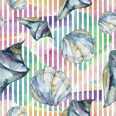 Yaz plaj deniz kabuğu tropikal sualtı elemanları. Suluboya arka plan illüstrasyon seti. Suluboya çizim moda aquarelle izole. Kusursuz arka plan deseni. Kumaş duvar kağıdı baskı doku.