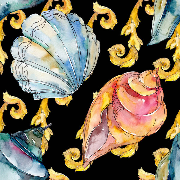 Summer beach seashell tropical underwater elements. Watercolor background illustration set. Watercolour drawing fashion aquarelle isolated. Seamless background pattern. Fabric wallpaper print texture.