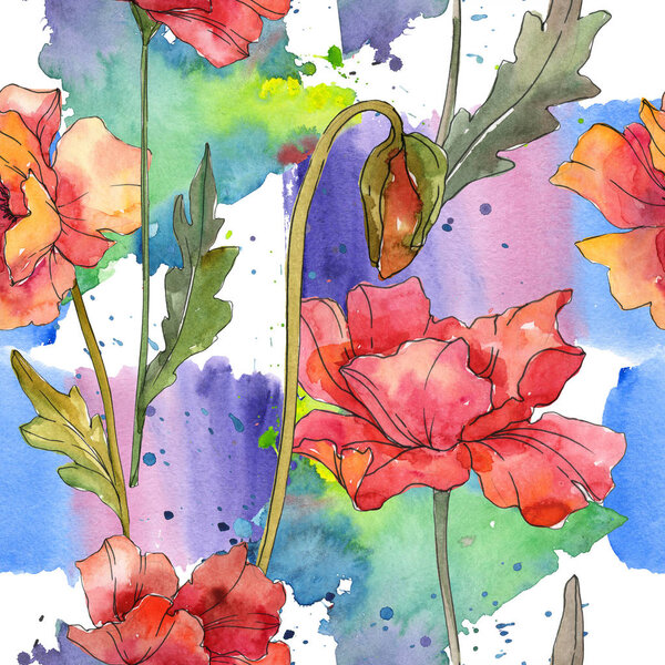 Red poppy floral botanical flowers. Watercolor background illustration set. Seamless background pattern.