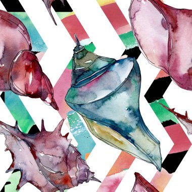 Yaz plaj deniz kabuğu tropikal sualtı elemanları. Suluboya arka plan illüstrasyon seti. Suluboya çizim moda aquarelle izole. Kusursuz arka plan deseni. Kumaş duvar kağıdı baskı doku.