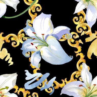 Beyaz zambak çiçek botanik çiçekler. Yabani bahar yaprağı kır çiçeği. Suluboya illüstrasyon seti. Suluboya çizim moda aquarelle. Kusursuz arka plan deseni. Kumaş duvar kağıdı baskı doku.