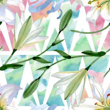 Beyaz zambak çiçek botanik çiçekler. Yabani bahar yaprağı kır çiçeği. Suluboya illüstrasyon seti. Suluboya çizim moda aquarelle. Kusursuz arka plan deseni. Kumaş duvar kağıdı baskı doku.