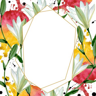Beyaz zambak çiçek botanik çiçekler. Yabani bahar yaprağı kır çiçeği izole. Suluboya arka plan illüstrasyon seti. Suluboya çizim moda aquarelle. Çerçeve kenar kristal süs kare.