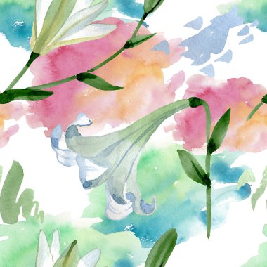 Beyaz zambak çiçek botanik çiçekler. Yabani bahar yaprağı kır çiçeği. Suluboya illüstrasyon seti. Suluboya çizim moda aquarelle. Kusursuz arka plan deseni. Kumaş duvar kağıdı baskı doku.