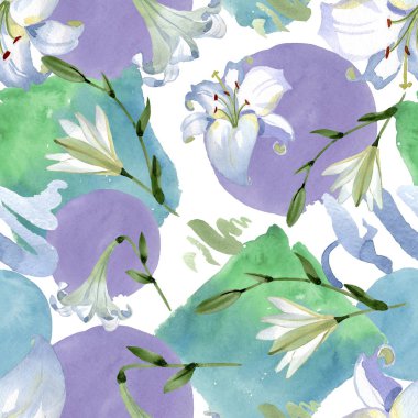 Beyaz zambak çiçek botanik çiçekler. Yabani bahar yaprağı kır çiçeği. Suluboya illüstrasyon seti. Suluboya çizim moda aquarelle. Kusursuz arka plan deseni. Kumaş duvar kağıdı baskı doku.