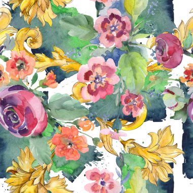 Buket çiçek botanik çiçekler. Suluboya arka plan illüstrasyon küme. Sorunsuz arka plan deseni.