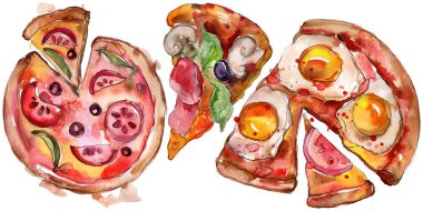 Fast food itallian pizza lezzetli yemek. Suluboya arka plan illüstrasyon seti. İzole fast food illüstrasyon elemanı.
