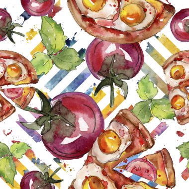 Fast food itallian pizza lezzetli yemek. Suluboya arka plan illüstrasyon seti. Kesintisiz arka plan deseni.