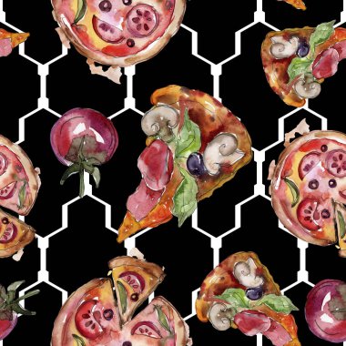 Fast food itallian pizza lezzetli yemek. Suluboya arka plan illüstrasyon seti. Kesintisiz arka plan deseni.