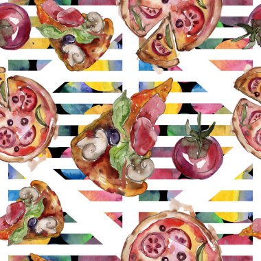 Fast food itallian pizza lezzetli yemek. Suluboya arka plan illüstrasyon seti. Kesintisiz arka plan deseni.