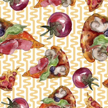 Fast food itallian pizza lezzetli yemek. Suluboya arka plan illüstrasyon seti. Kesintisiz arka plan deseni.