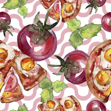 Fast food itallian pizza lezzetli yemek. Suluboya arka plan illüstrasyon seti. Kesintisiz arka plan deseni.