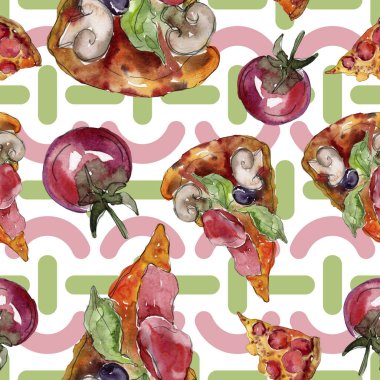 Fast food itallian pizza lezzetli yemek. Suluboya arka plan illüstrasyon seti. Kesintisiz arka plan deseni.