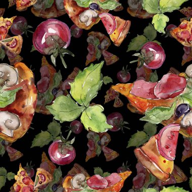 Fast food itallian pizza lezzetli yemek. Suluboya arka plan illüstrasyon seti. Kesintisiz arka plan deseni.