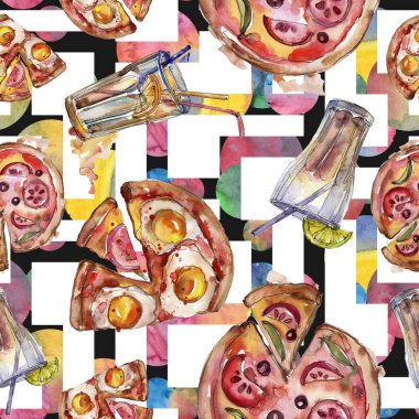 Fast food itallian pizza lezzetli yemek. Suluboya arka plan illüstrasyon seti. Kesintisiz arka plan deseni.