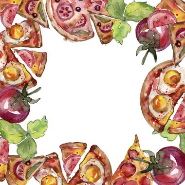 Fast food itallian pizza lezzetli yemek. Suluboya arka plan illüstrasyon seti. Çerçeve kenarlık süs karesi.