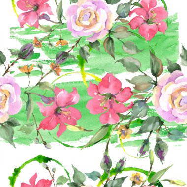Pembe gül buketi botanik çiçek. Vahşi bahar yaprak kır çiçeği. Suluboya resim kümesi. Suluboya çizim moda aquarelle. Sorunsuz arka plan deseni. Kumaş duvar kağıdı yazdırma doku.