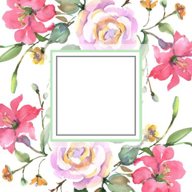 Pembe gül buketi çiçek botanik çiçekler. Yabani bahar yaprağı kır çiçeği izole. Suluboya arka plan illüstrasyon seti. Suluboya çizim moda aquarelle. Çerçeve kenarlık süs karesi.