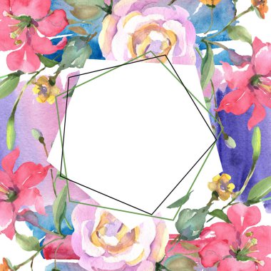 Pembe gül buketi çiçek botanik çiçekler. Yabani bahar yaprağı kır çiçeği izole. Suluboya arka plan illüstrasyon seti. Suluboya çizim moda aquarelle. Çerçeve kenarlık süs karesi.