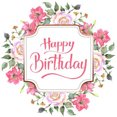 Pembe gül buketi çiçek botanik çiçekler. Yabani bahar yaprağı kır çiçeği izole. Suluboya arka plan illüstrasyon seti. Suluboya çizim moda aquarelle. Çerçeve kenarlık süs karesi.