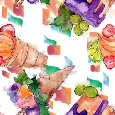 Lezzetli dondurma koni tatlı tatlısı. Suluboya arka plan illüstrasyon seti. Suluboya çizim moda aquarelle izole. Kusursuz arka plan deseni. Kumaş duvar kağıdı baskı doku.