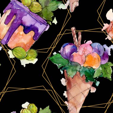 Lezzetli dondurma koni tatlı tatlısı. Suluboya arka plan illüstrasyon seti. Suluboya çizim moda aquarelle izole. Kusursuz arka plan deseni. Kumaş duvar kağıdı baskı doku.