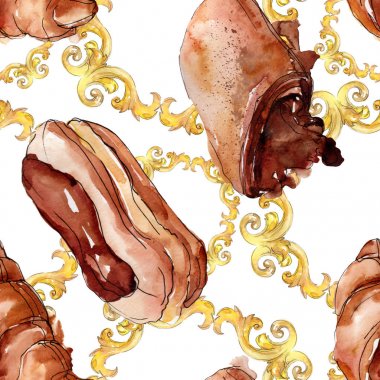 Lezzetli kek ve çörek tatlısı. Suluboya arka plan illüstrasyon seti. Suluboya çizim moda aquarelle izole. Kusursuz arka plan deseni. Kumaş duvar kağıdı baskı doku.