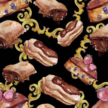 Lezzetli kek ve çörek tatlısı. Suluboya arka plan illüstrasyon seti. Suluboya çizim moda aquarelle izole. Kusursuz arka plan deseni. Kumaş duvar kağıdı baskı doku.