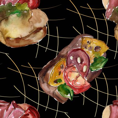 Sandviç lezzetli fast food. Suluboya arka plan illüstrasyon seti. Suluboya çizim moda aquarelle izole. Kusursuz arka plan deseni. Kumaş duvar kağıdı baskı doku.