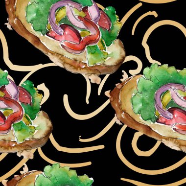 Sandviç lezzetli fast food. Suluboya arka plan illüstrasyon seti. Suluboya çizim moda aquarelle izole. Kusursuz arka plan deseni. Kumaş duvar kağıdı baskı doku.