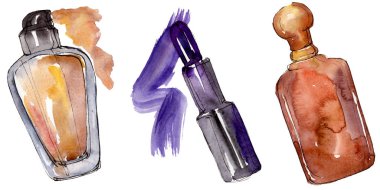 Makyaj kozmetik kroki glamour illüstrasyon ayarlayın. Giysi aksesuarları trendy vogue kıyafet ayarlayın. Suluboya arka plan seti. Suluboya çizim moda aquarelle. İzole kozmetik elemanı.