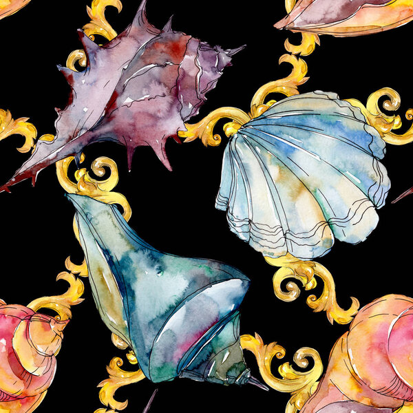 Summer beach seashell tropical underwater elements. Watercolor background illustration set. Watercolour drawing fashion aquarelle isolated. Seamless background pattern. Fabric wallpaper print texture.