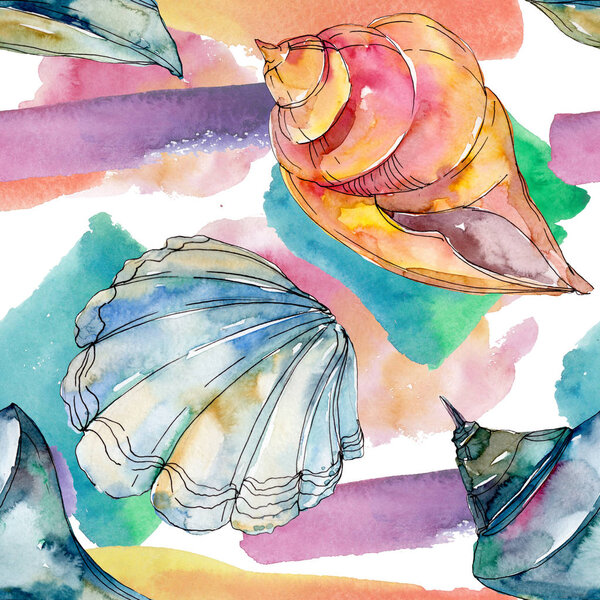 Summer beach seashell tropical underwater elements. Watercolor background illustration set. Watercolour drawing fashion aquarelle isolated. Seamless background pattern. Fabric wallpaper print texture.
