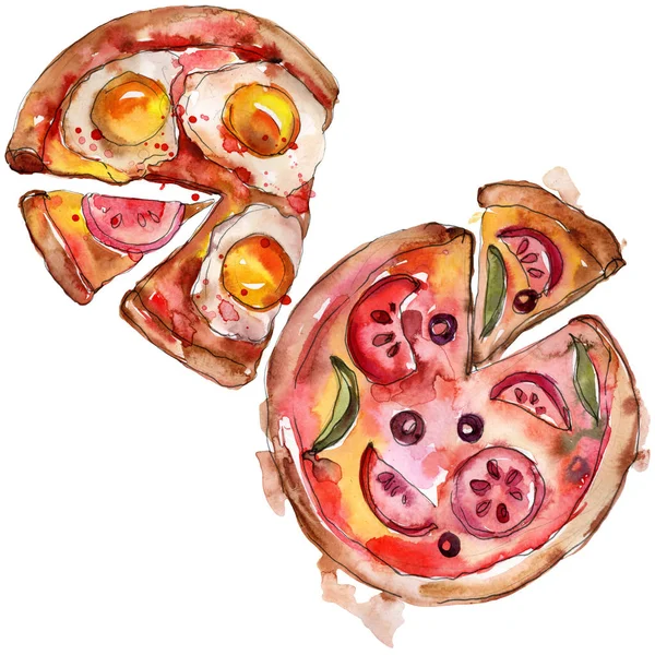 Comida rápida pizza italiana comida sabrosa. Conjunto de ilustración de fondo acuarela. Elemento aislado de ilustración de comida rápida . —  Fotos de Stock