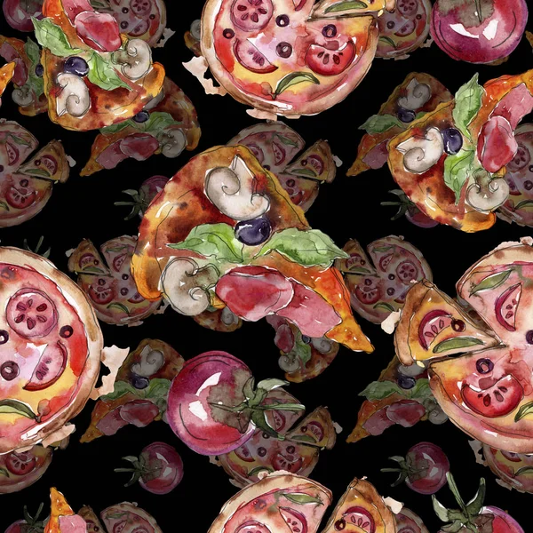 Restauration rapide pizza itallienne nourriture savoureuse. Ensemble d'illustration de fond aquarelle. Modèle de fond sans couture . — Photo